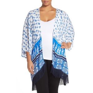 PJ Salvage Floral Fringe white/blue boho Kimono